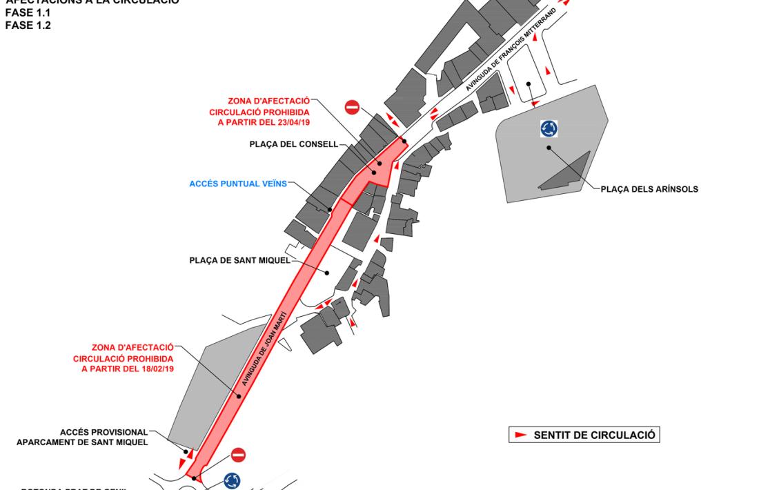 Mapa de les afectacions a les avingudes de Joan Martí i François Mitterrand.