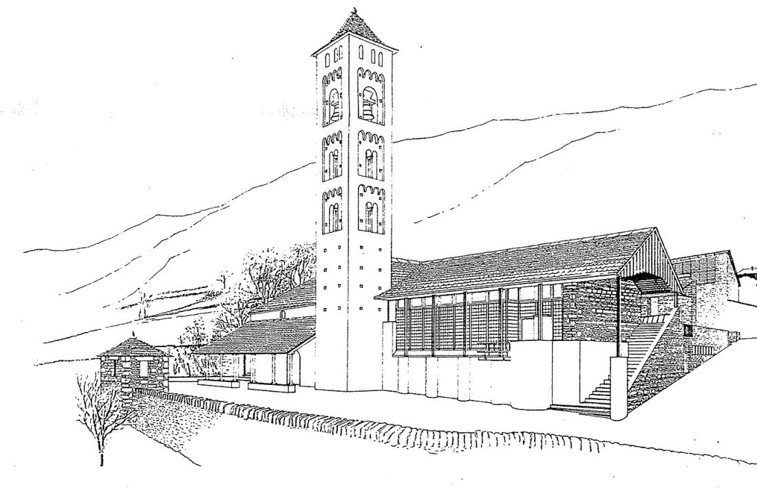 Perspectiva lateral de la parroquial de Santa Eulàlia (1992), amb tot el protagonisme per als materials contemporanis.