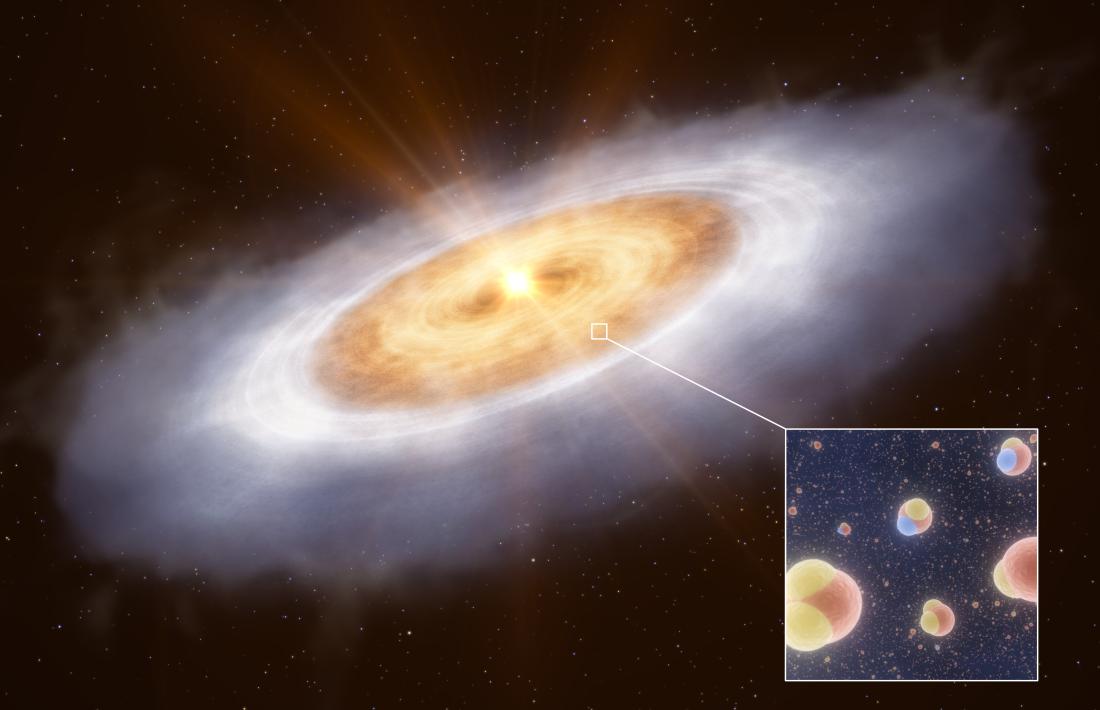  Recreació artística del disc de formació planetària al voltant de V883 Orionis i de les molècules d’aigua normal i aigua pesant. 