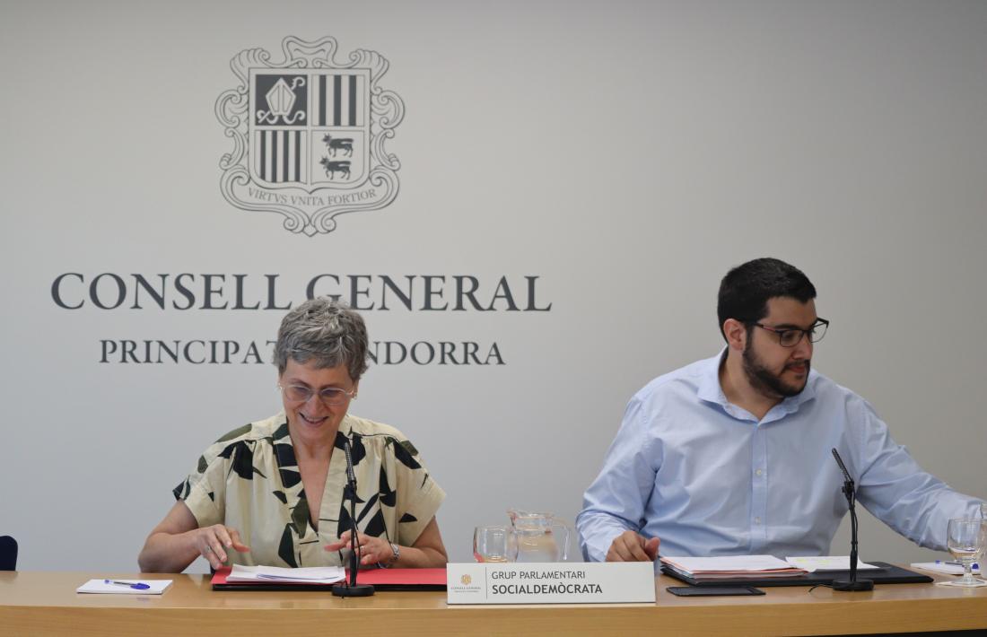 Els consellers socialdemòcrates Susanna Vela i Pere Baró, avui en roda de premsa.
