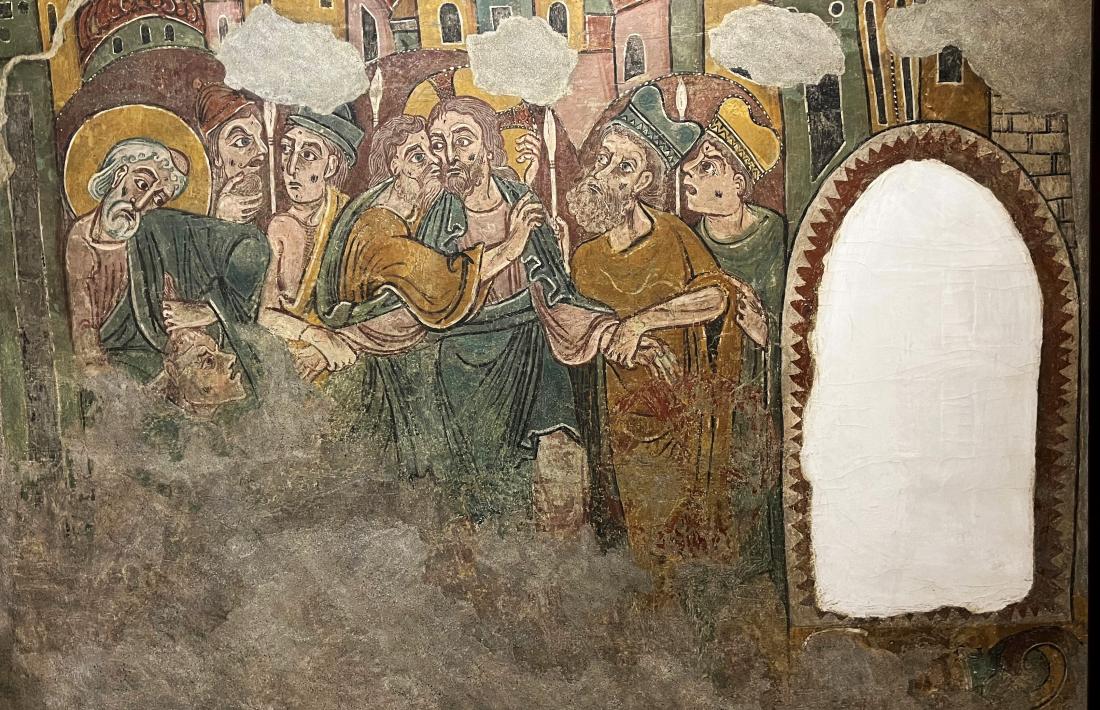 ‘El bes d eJudes’, una de les dues pintures murals de Sant Esteve que avui arriben a l’Espai Columba després d’un segle a l’‘exili’.