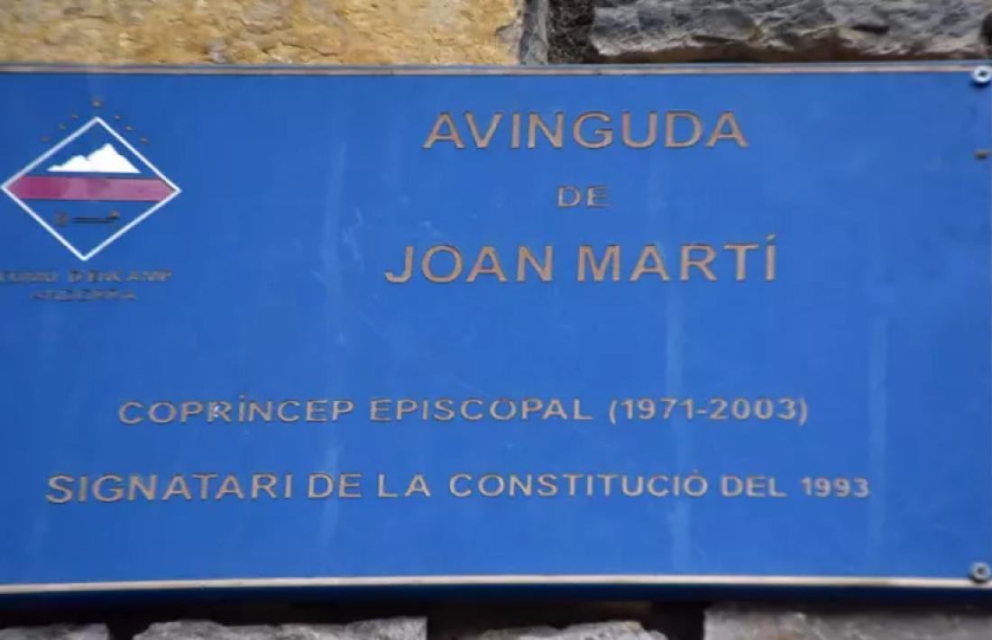 La placa de l'avinguda Joan Martí d'Encamp.