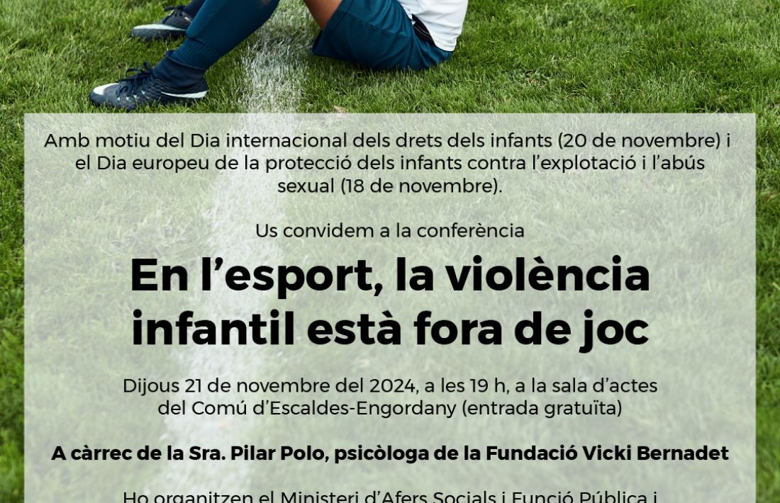 El cartell de la conferència titulada ‘En l’esport, la violència infantil està fora de joc’.