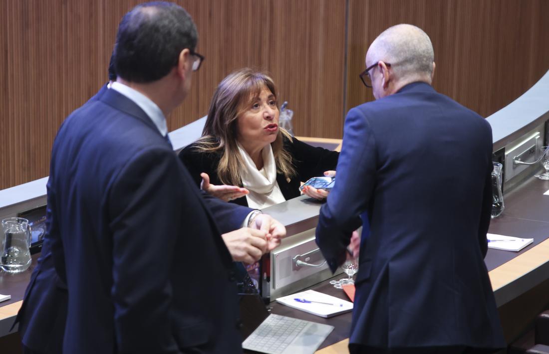 La titular de  Presidència, Economia, Treball i Habitatge, Conxita Marsol, conversa amb el ministre de Finances, Ramon Lladós, al Consell General.