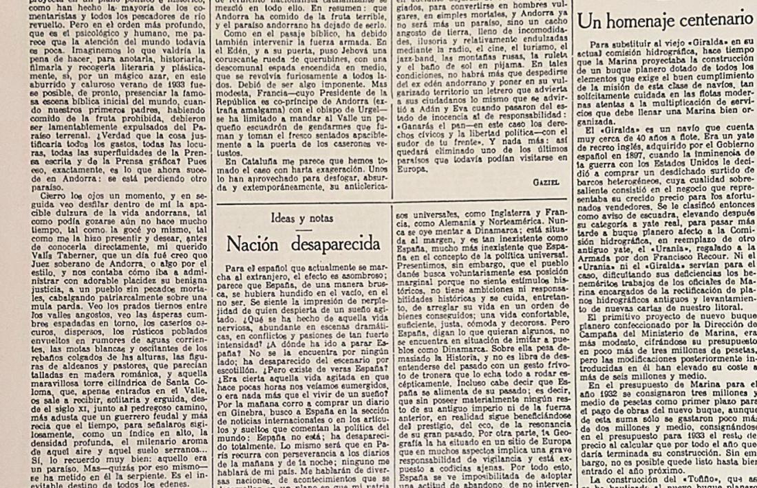 Primera pàgina de 'La Vanguardia' del 25 d'agost del 1933, amb l'article 'Un paraíso perdido', de Gaziel: es referia a Andorra, és clar.