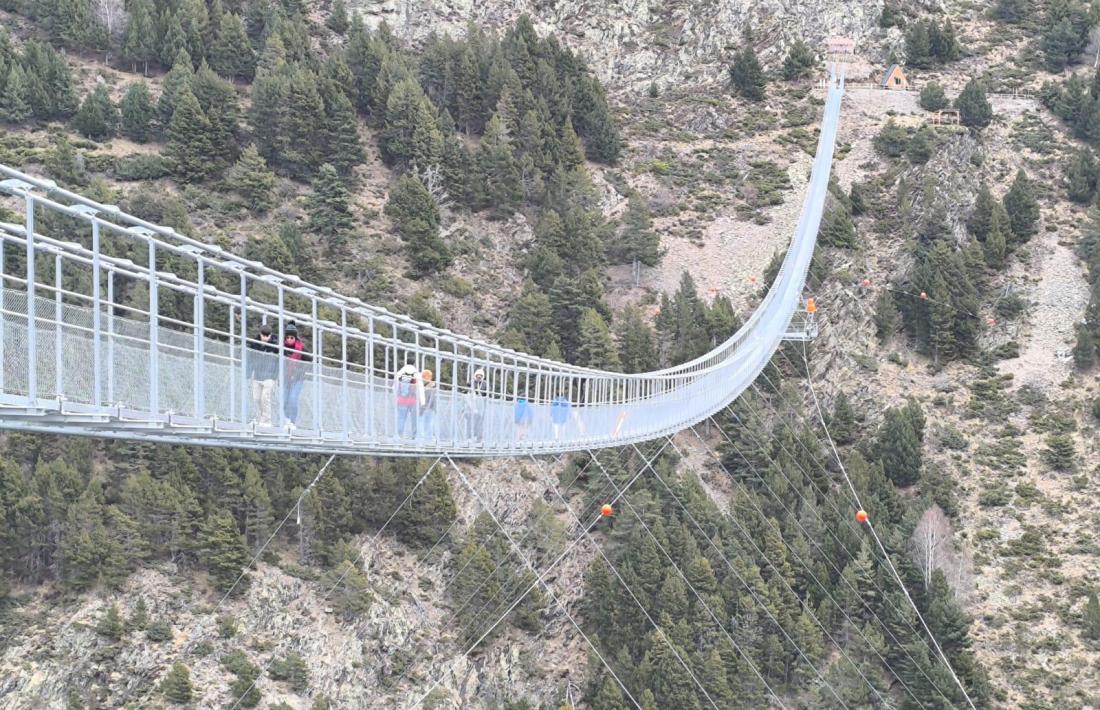 Alguns visitants en el moment de creuar el pont tibetà.