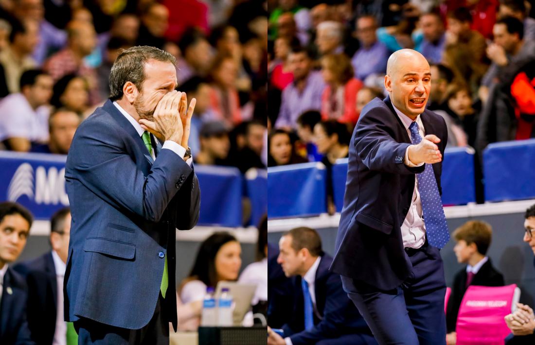 Joan Plaza al Poliesportiu d’Andorra, com abans era conegut, dirigint l’Unicaja. Joan Peñarroya, tot caràcter sempre, en el partit del 2017 al Principat contra l’Unicaja.